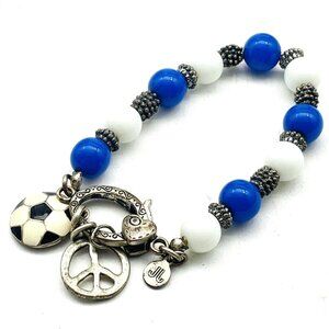 Vintage JJ Peace Sign Soccer Ball Charm Bracelet Blue White Beaded